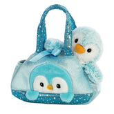 Blue PomPom Penguin plush from Fancy Pals by Aurora, cozy in a glittering turquoise carrier